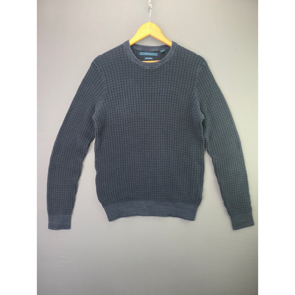 Perry Ellis Sweater Mens Medium M Charcoal Gray Waffle Knit Crew Neck